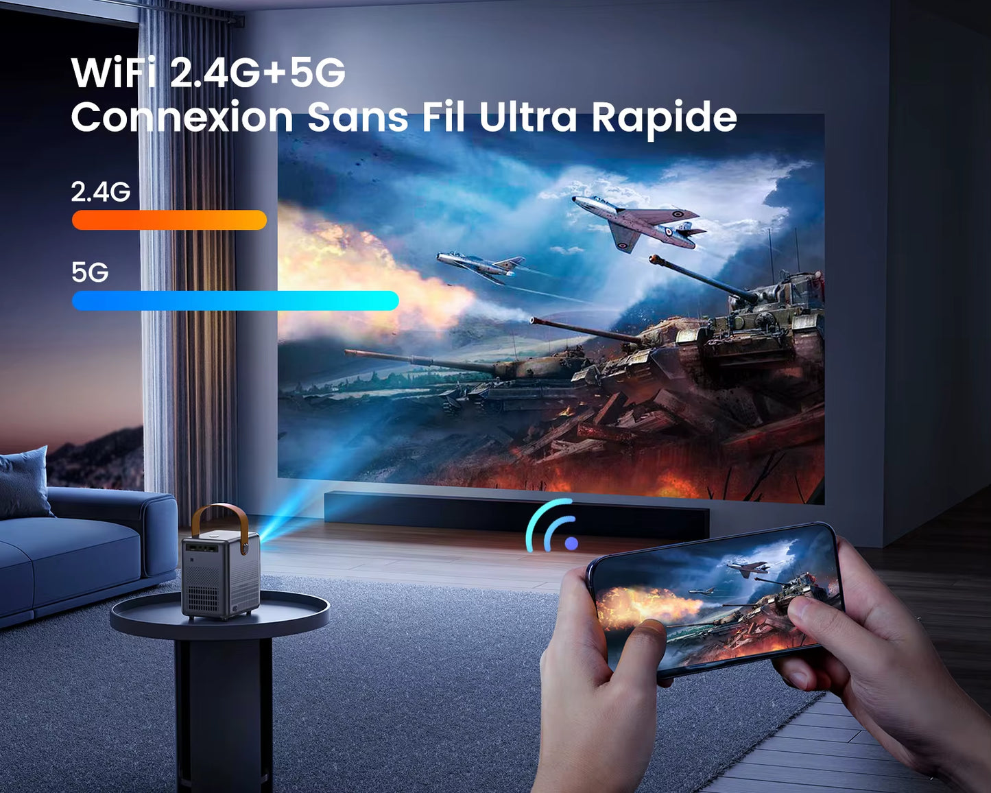 Portable Theater Projector WIMIUS, 18000Lumens, 5G Wifi, Bluetooth, Full HD Charging Socket, Screen 1080P, Home Cinema
