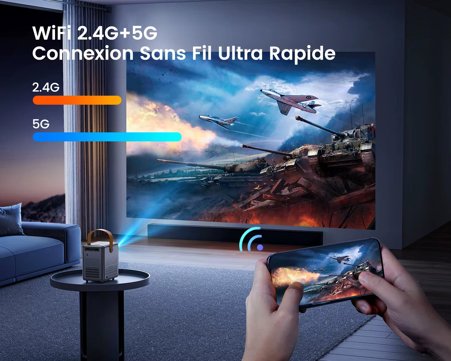 Portable Theater Projector WIMIUS, 18000Lumens, 5G Wifi, Bluetooth, Full HD Charging Socket, Screen 1080P, Home Cinema
